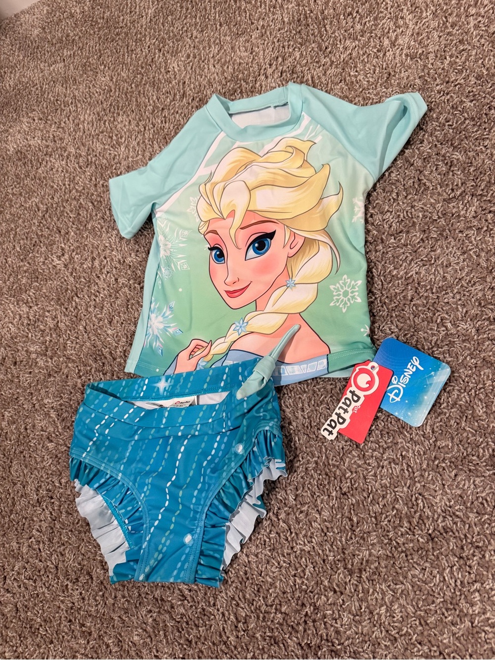 Disney Girls Aqua & Teal Elsa Rash Guard Swimsuit Set